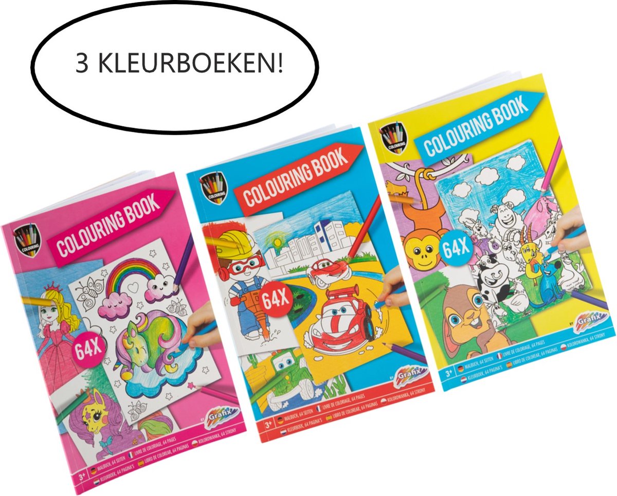 Grafix 3X kleurboek - Themas Unicorn, Autos & Dieren | A4 - 64 paginas per boek - Kleuren - Meisjes - Kleurboek - Kinderen - Cadeau - Boek - Geschenk - Tekeningen - Inkleuren - Kleurplaat - Colouring Book - Kleurplezier